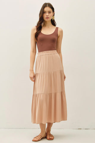 Smocked Waist Tiered Maxi Skirt in Sand
