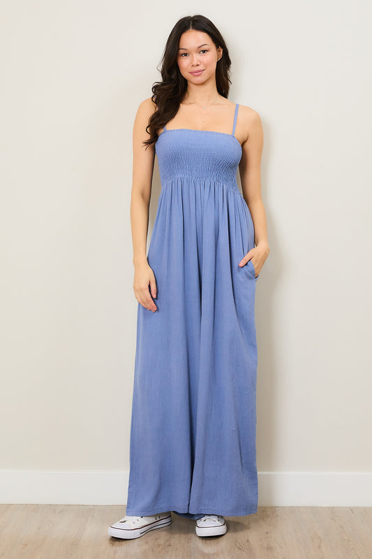 The Trudy Smocked Jumpsuit in Blue