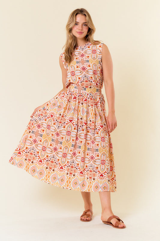 Ikat Printed Midi Skirt W/elastic Back Waist