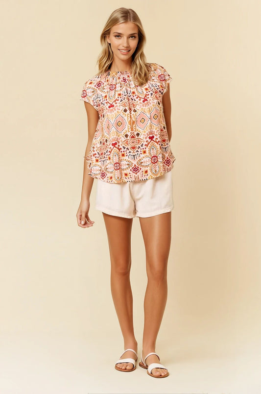 Ikat Print Ruffled Neck Blouse