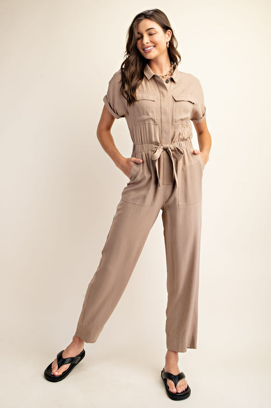 Short Sleeve Jumpsuit with Tie Waist