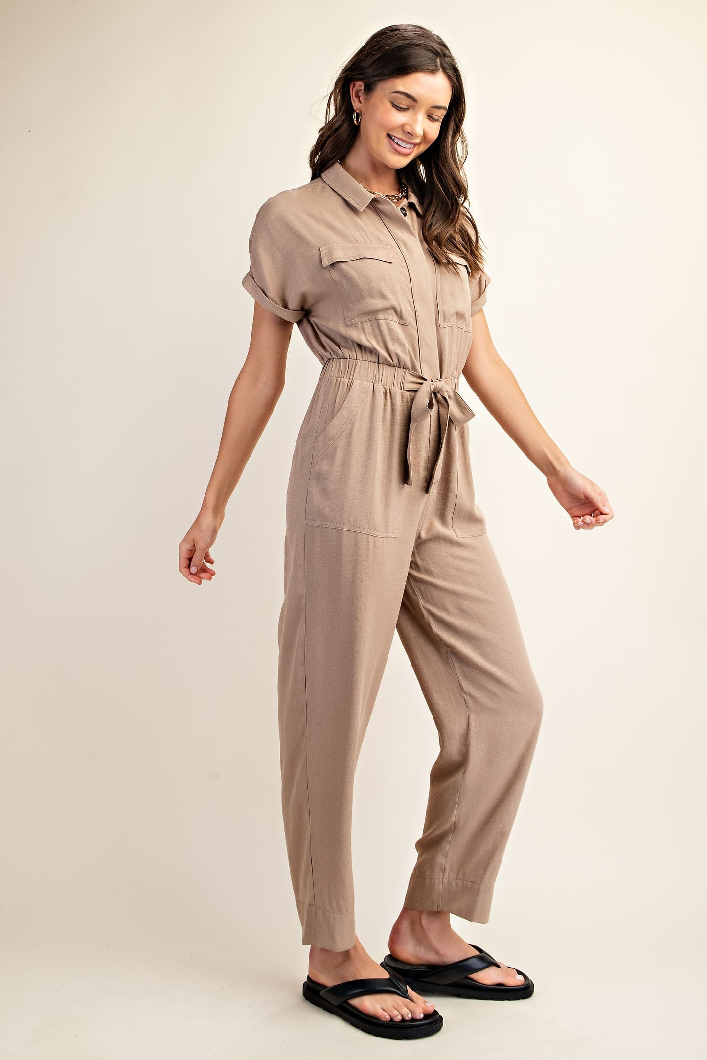 Short Sleeve Jumpsuit with Tie Waist