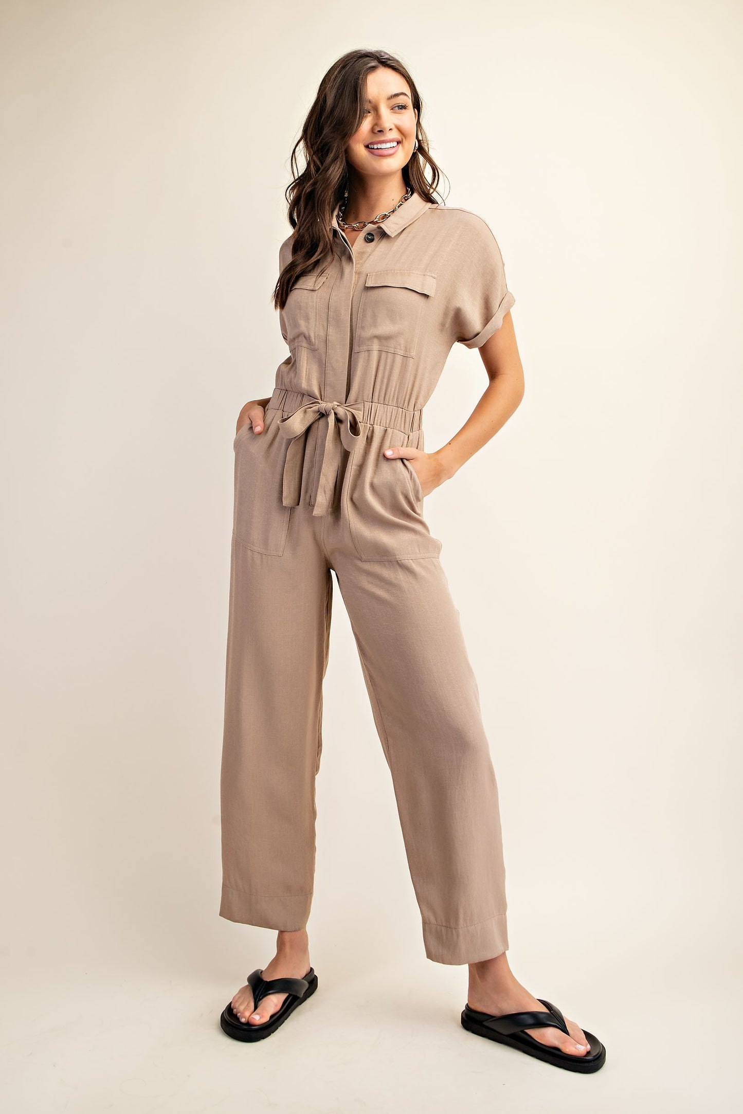 Short Sleeve Jumpsuit with Tie Waist