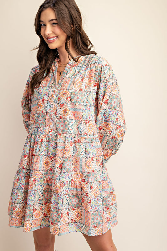 Printed Long Sleeve Tiered Dress