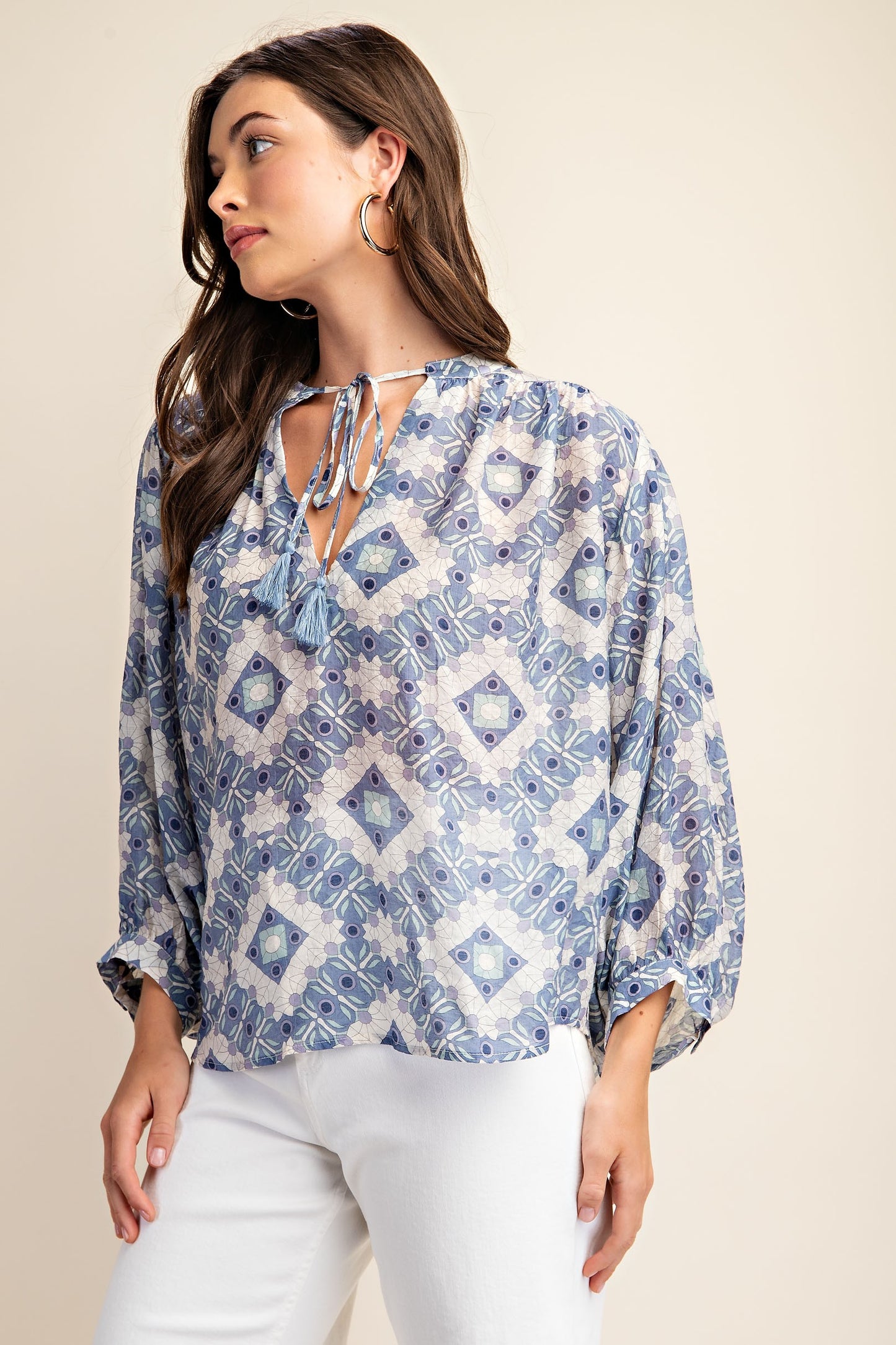 Long Sleeve Top with Tassel in Blue