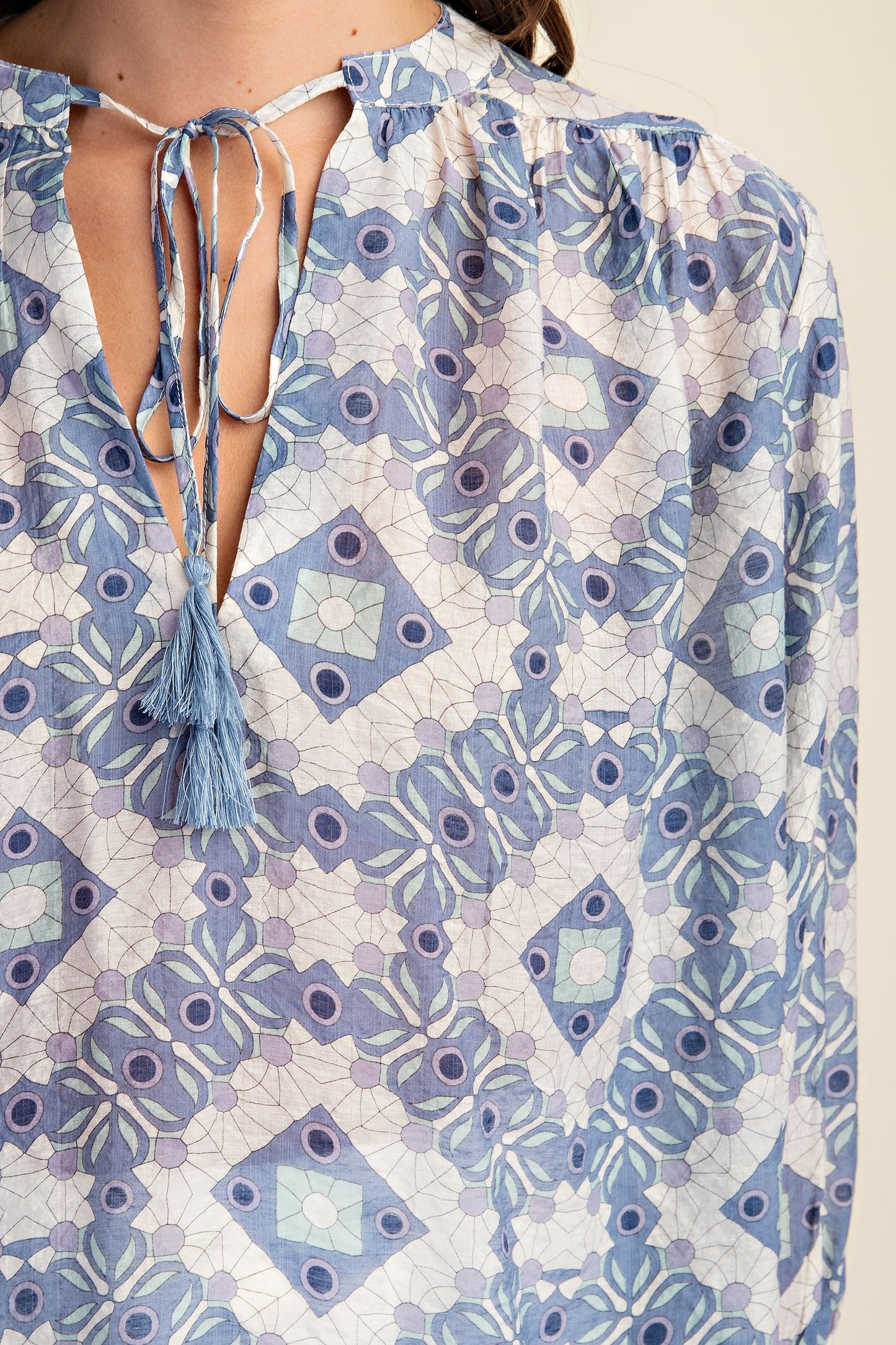 Long Sleeve Top with Tassel in Blue