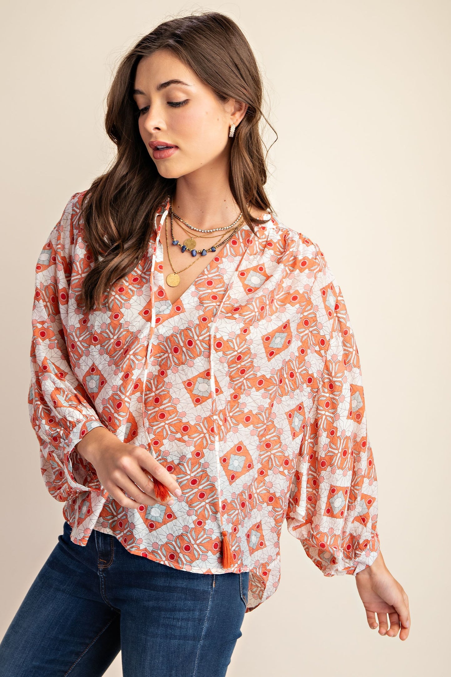 Long Sleeve Top with Tassel in Coral