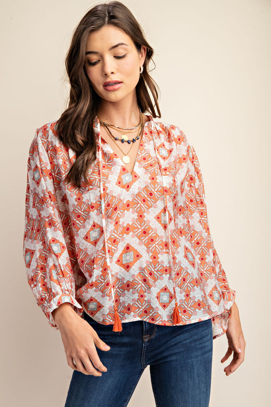 Long Sleeve Top with Tassel in Coral