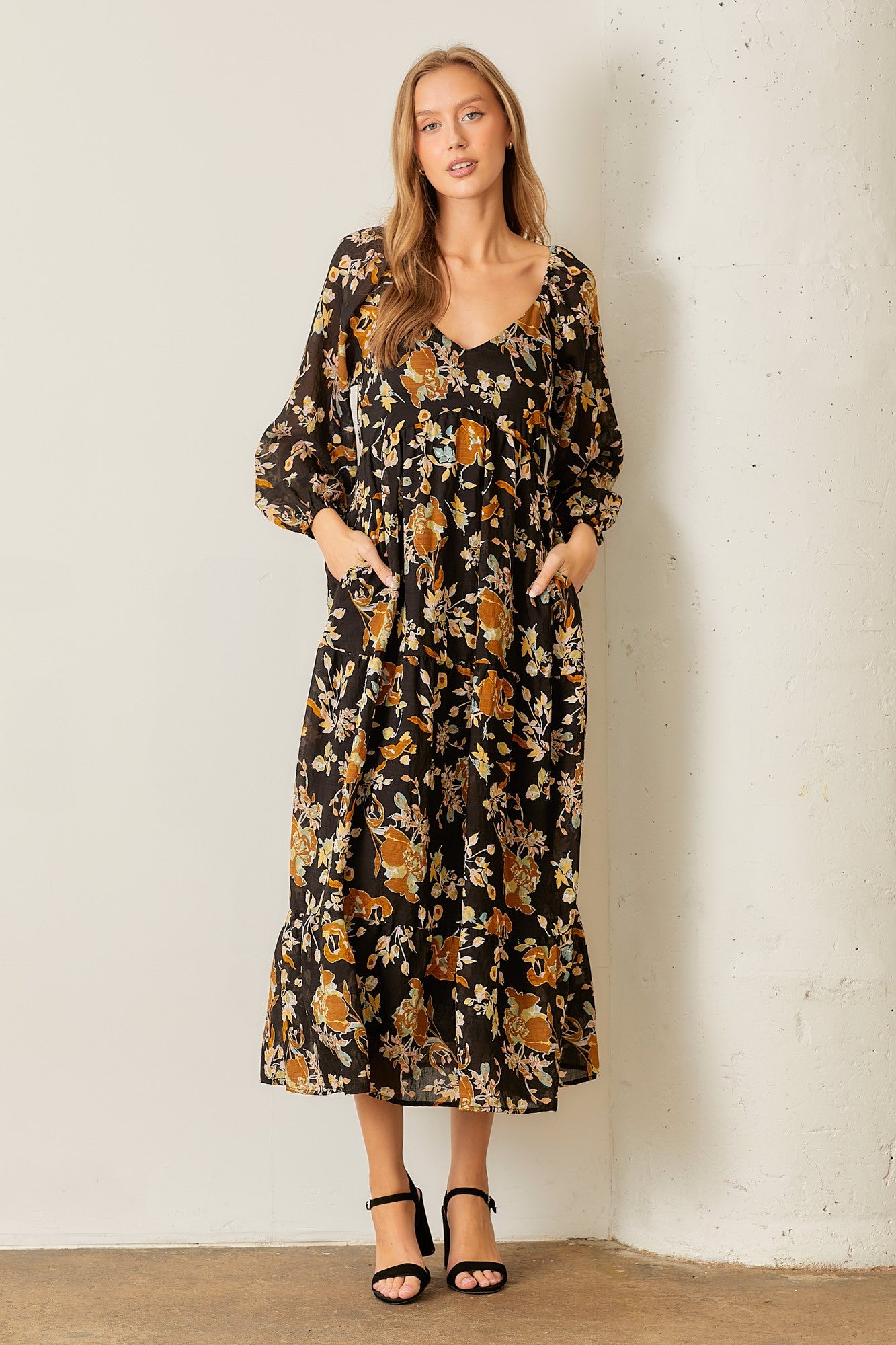 Fall Tiered Puff Sleeve Midi Dress