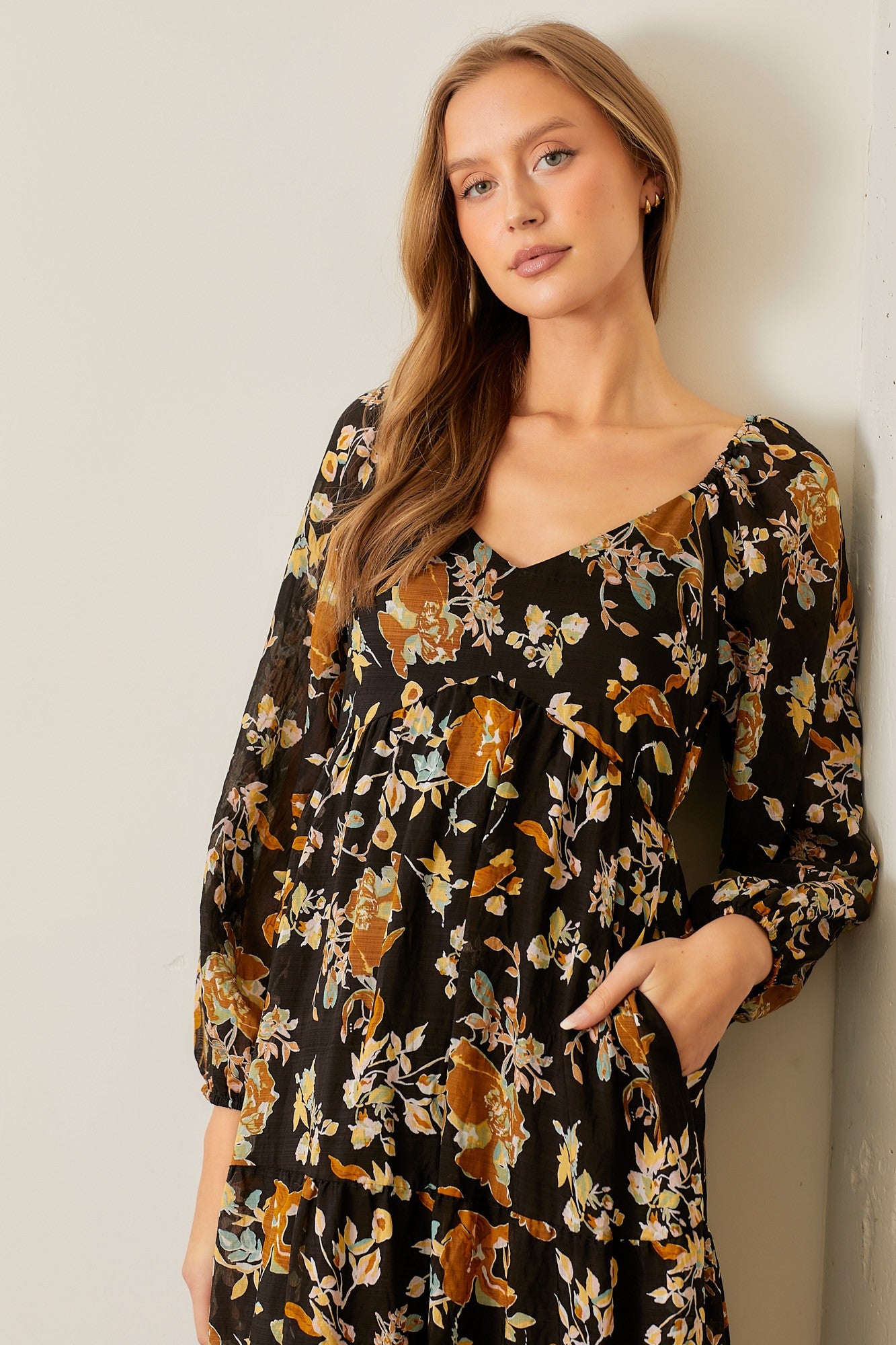 Fall Tiered Puff Sleeve Midi Dress