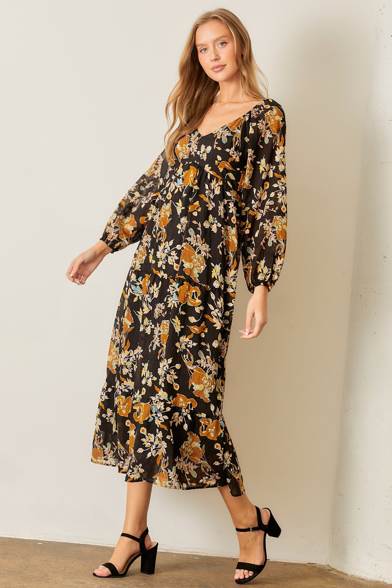 Fall Tiered Puff Sleeve Midi Dress