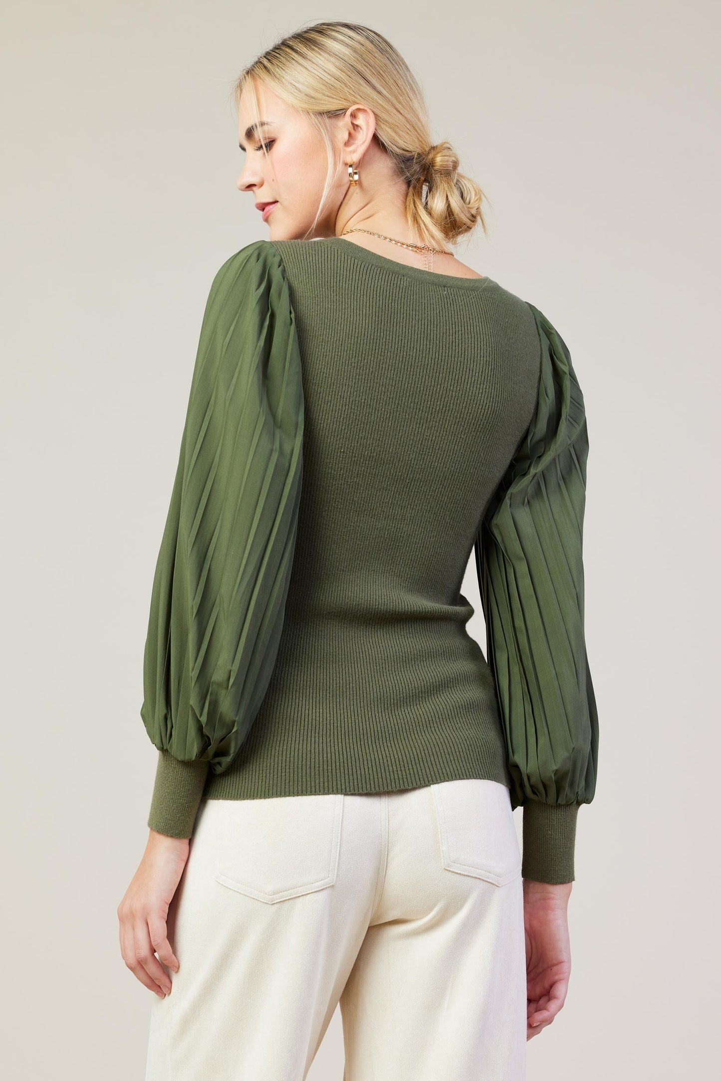 Mixed Media Long Sleeve Blouse in Avocado