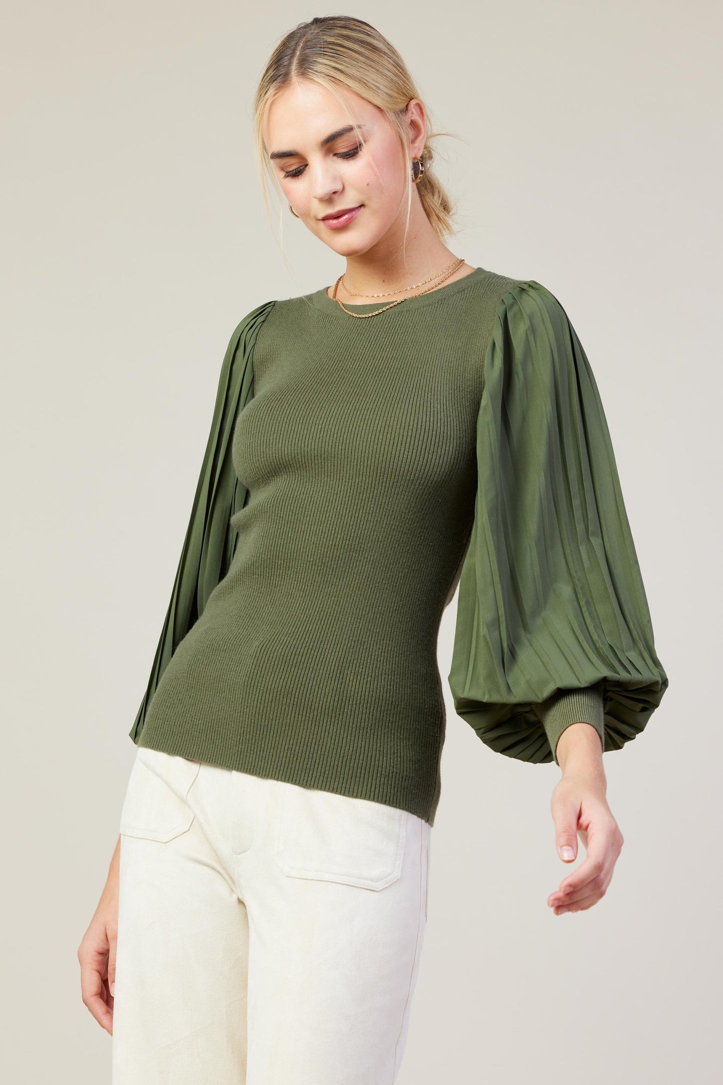 Mixed Media Long Sleeve Blouse in Avocado