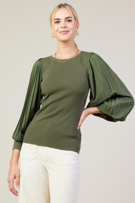 Mixed Media Long Sleeve Blouse in Avocado