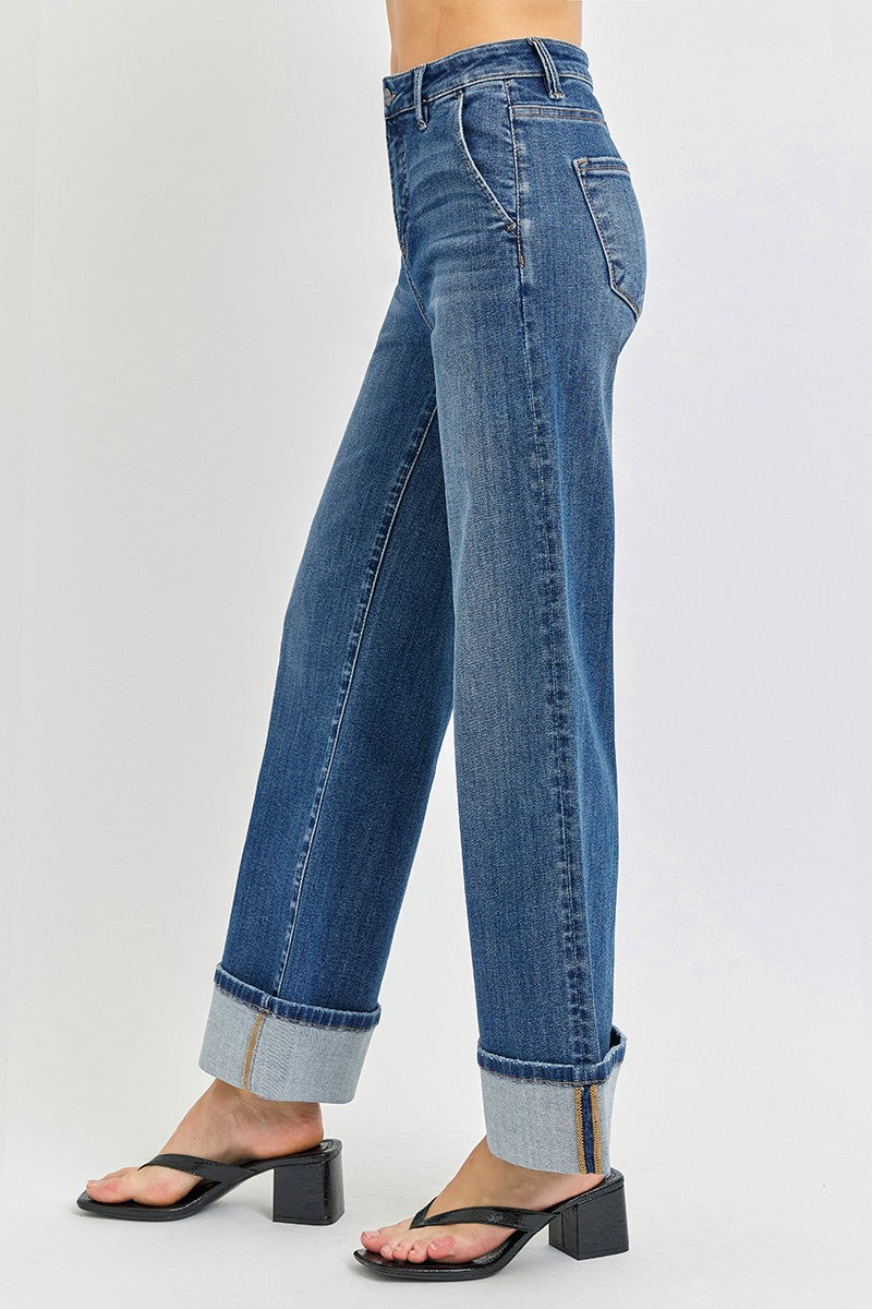 High Rise Ankle Wide Cuffed Jeans Dark