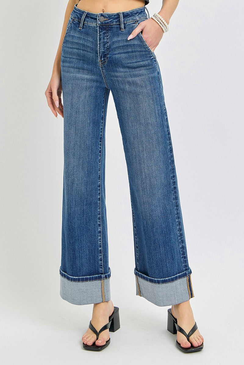 High Rise Ankle Wide Cuffed Jeans Dark