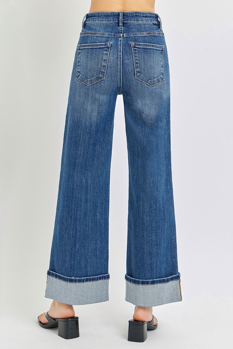 High Rise Ankle Wide Cuffed Jeans Dark