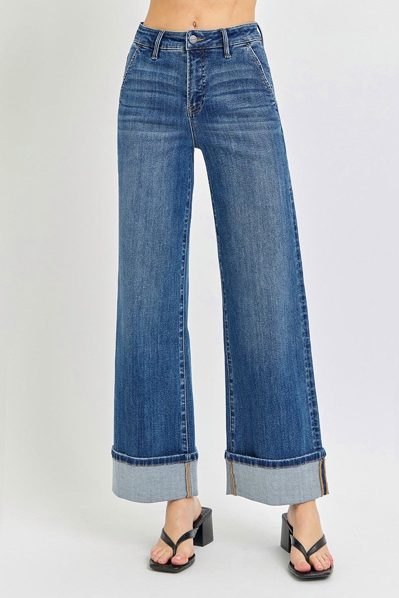 High Rise Ankle Wide Cuffed Jeans Dark