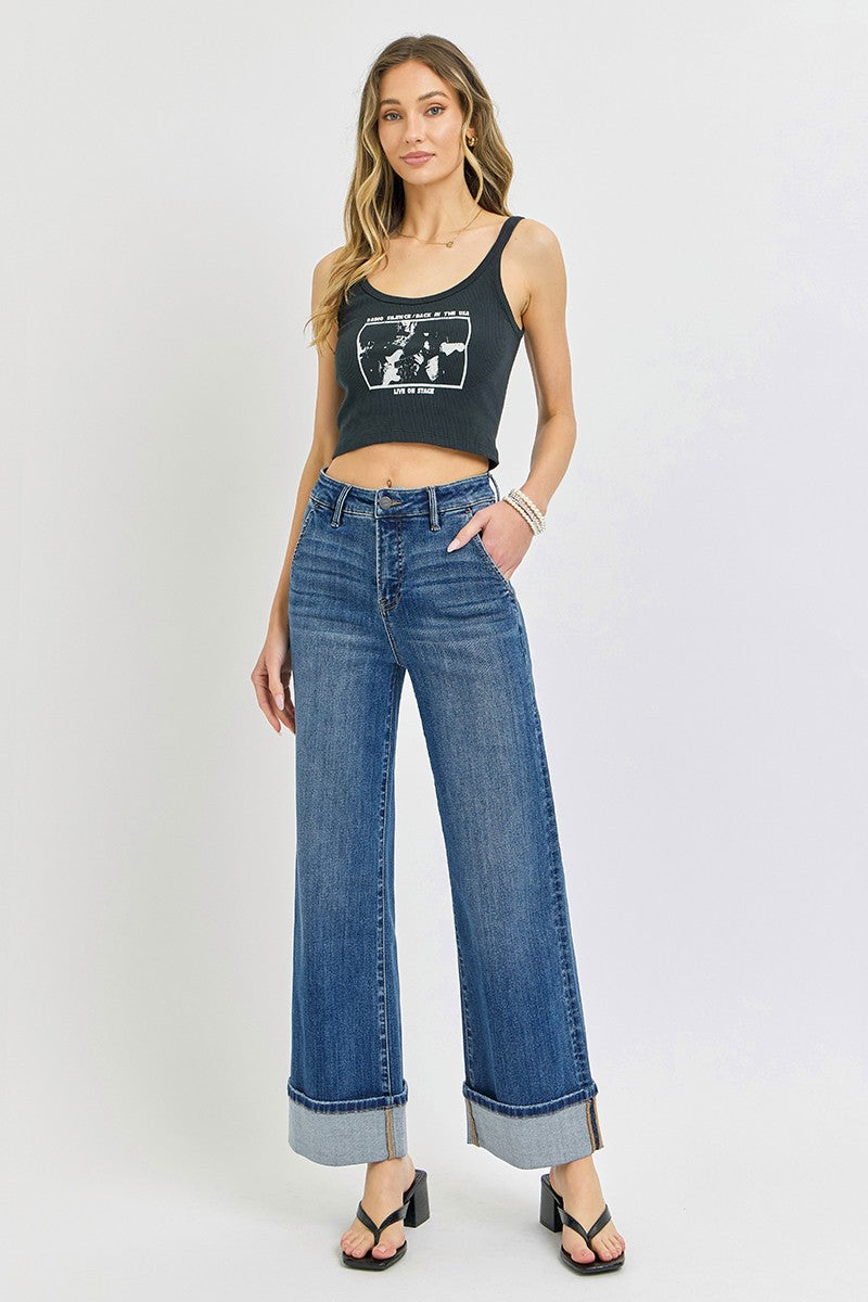 High Rise Ankle Wide Cuffed Jeans Dark