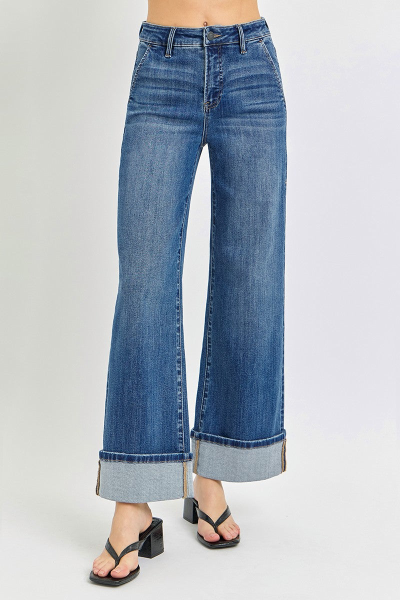 High Rise Ankle Wide Cuffed Jeans Dark