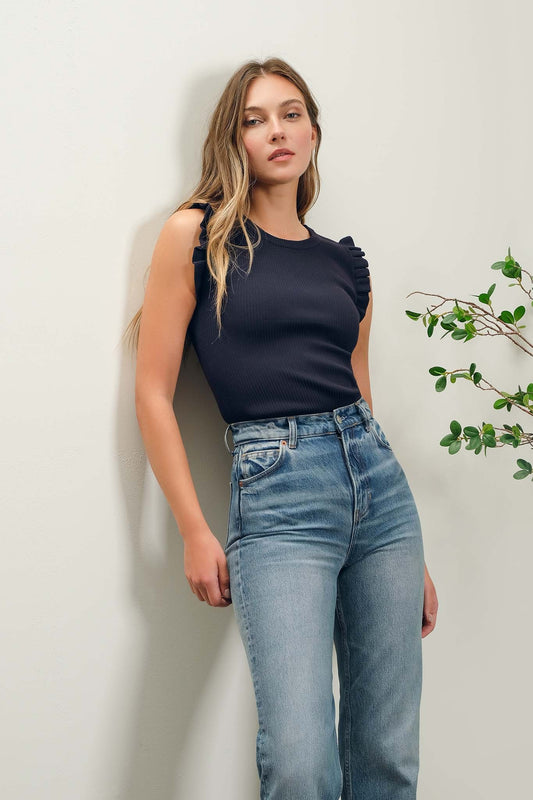 Ruffle Sleeveless Sweater Top in Black