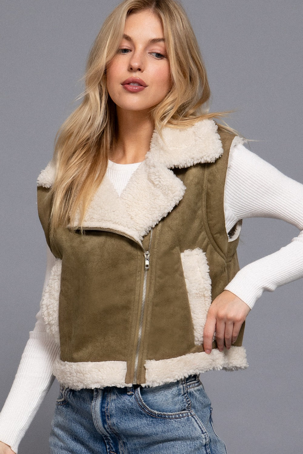 Faux Suede Fur Vest in Olive