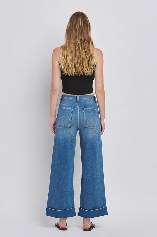 High Rise Double Cuffed Baggy Wide Jeans