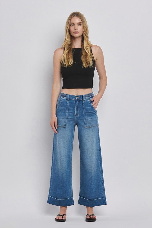 High Rise Double Cuffed Baggy Wide Jeans