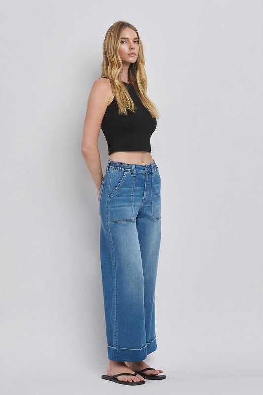 High Rise Double Cuffed Baggy Wide Jeans