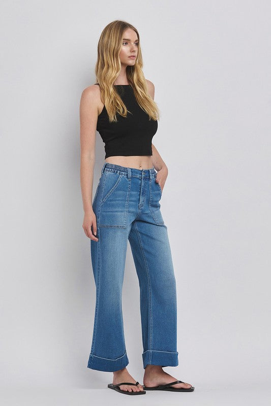 High Rise Double Cuffed Baggy Wide Jeans