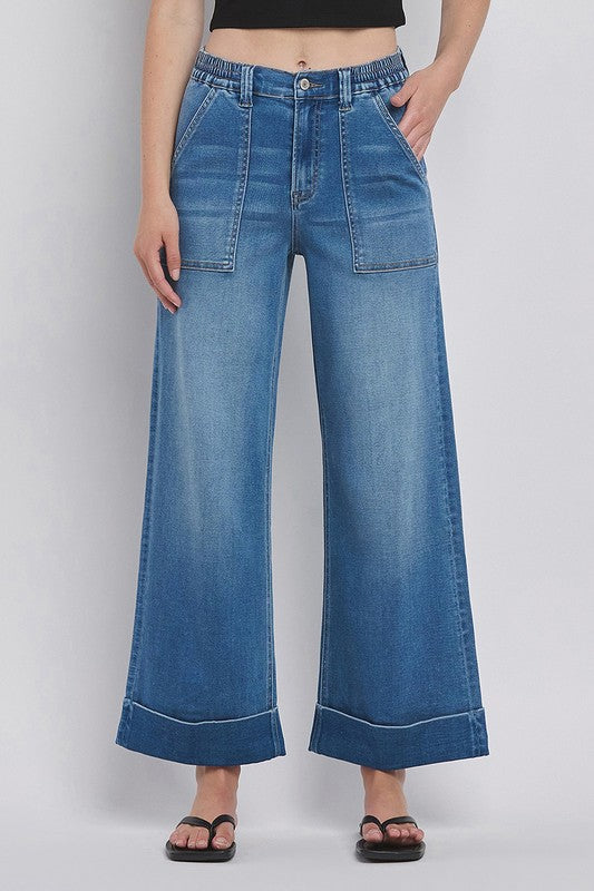 High Rise Double Cuffed Baggy Wide Jeans