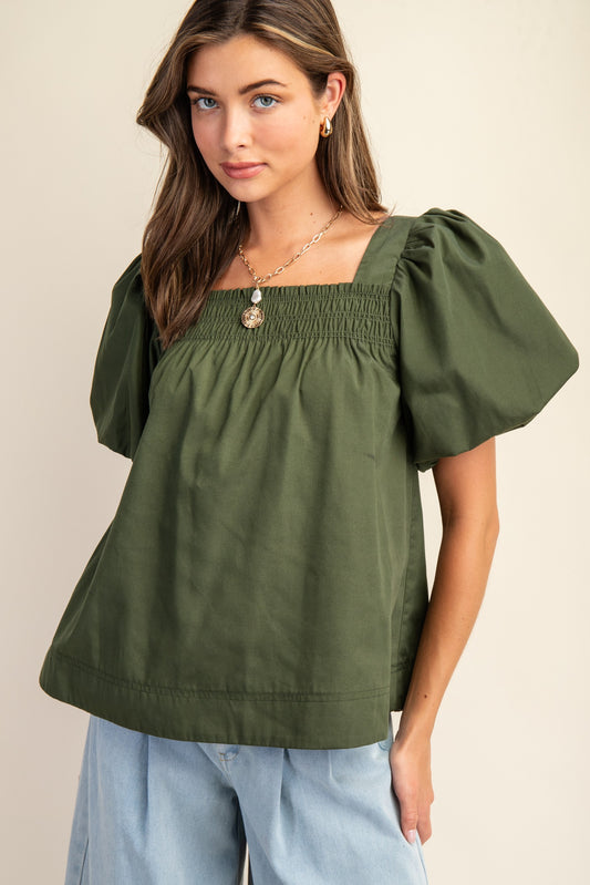 Smocked Short Puff Sleeve Top