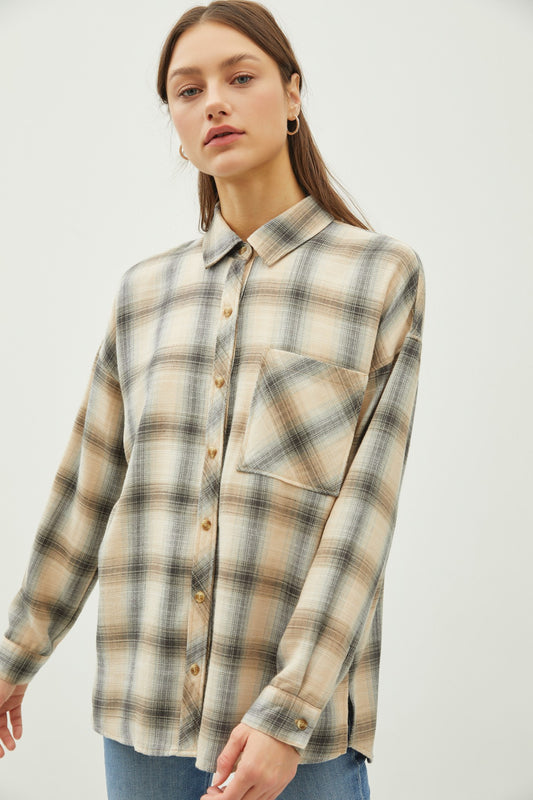 Beige Plaid Flannel Shirt