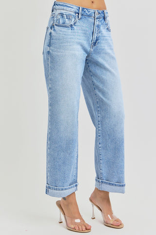 Mid Rise Cuff Boyfriend Jeans in Light Wash