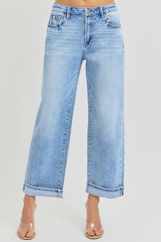 Mid Rise Cuff Boyfriend Jeans in Light Wash