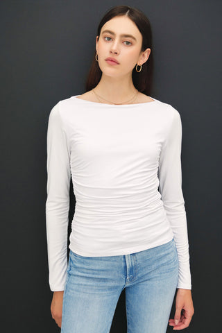 Boat Neck Long Sleeve Side Ruched Top