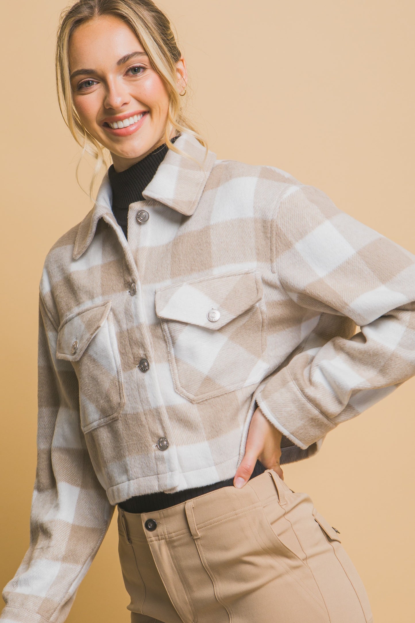 Plaid Cropped Jacket in Khaki