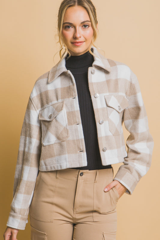 Plaid Cropped Jacket in Khaki