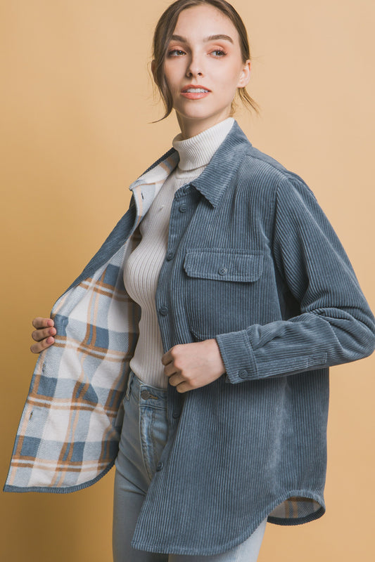 Corduroy Reversible Shacket in Blue Stone