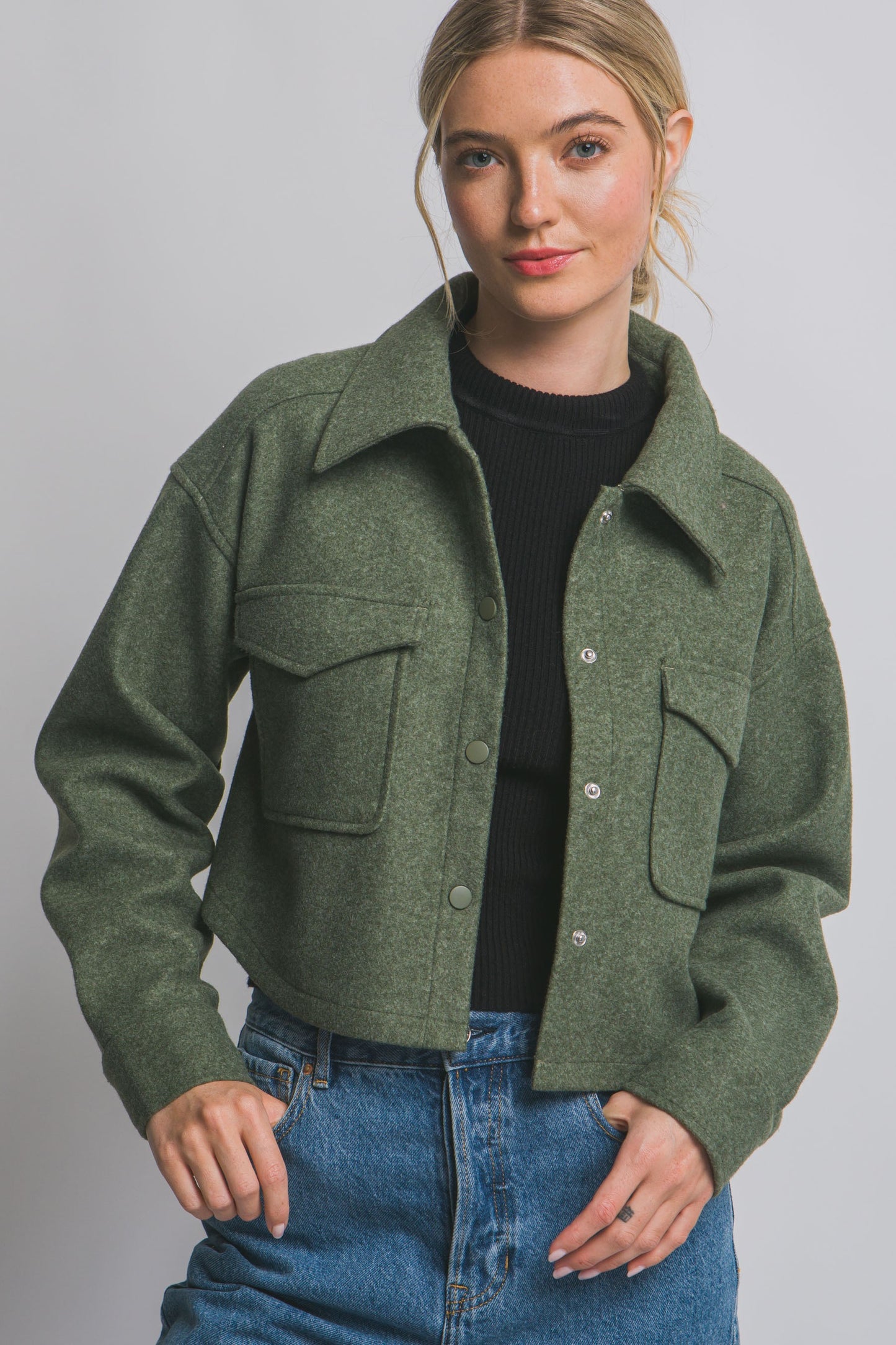 Fleece Cropped Snap-button Jacket