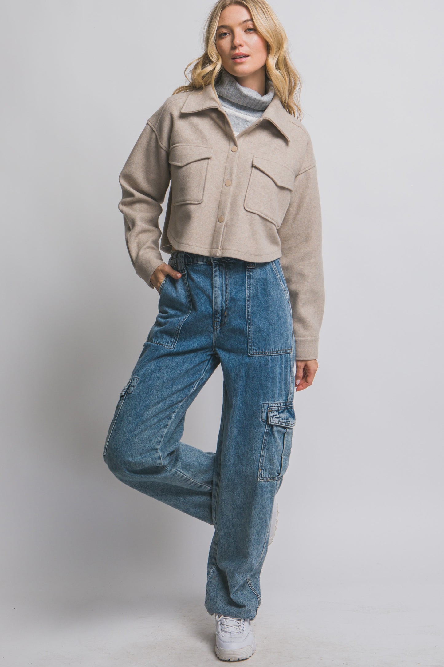 Fleece Cropped Snap-button Jacket