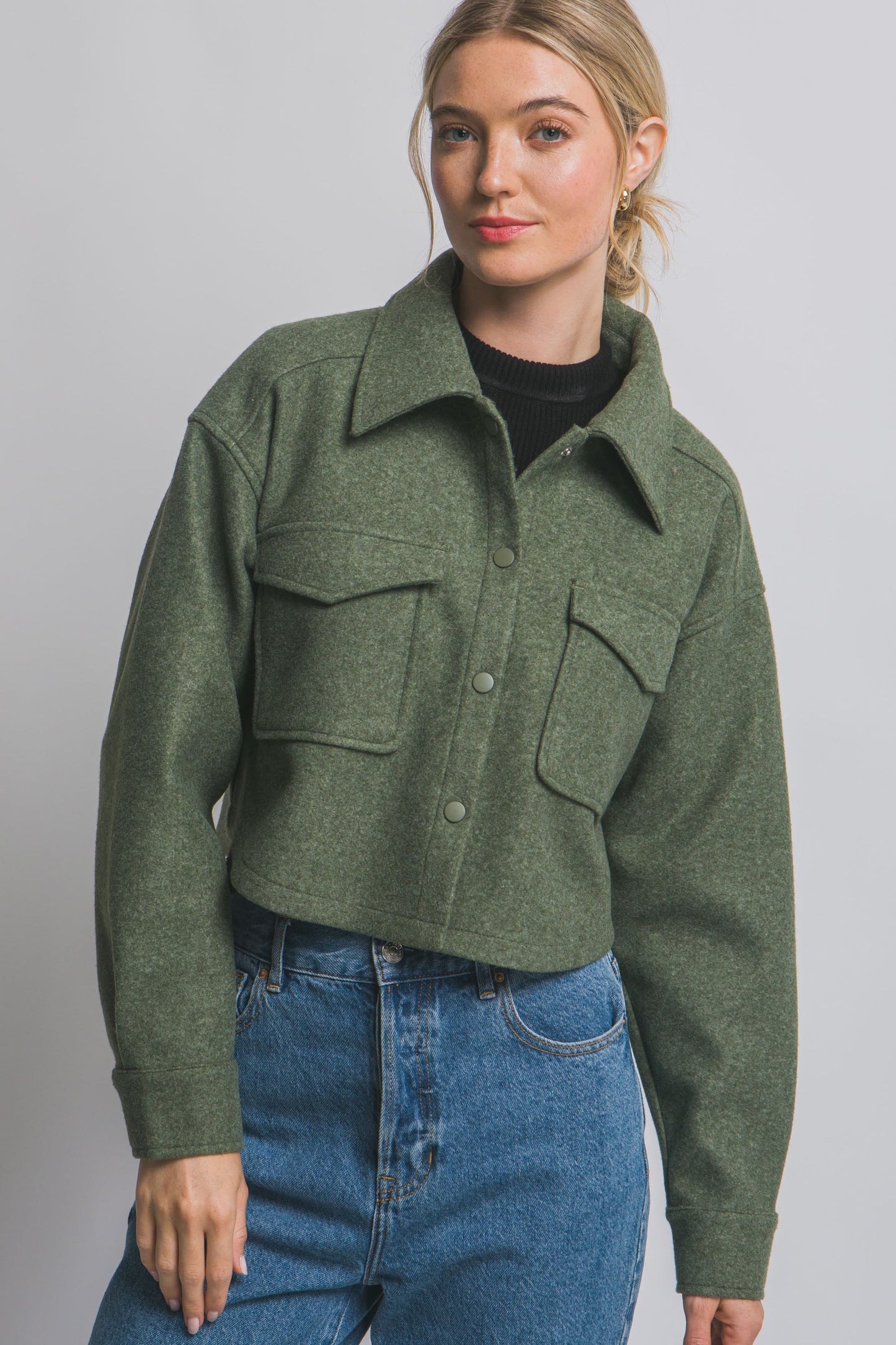 Fleece Cropped Snap-button Jacket