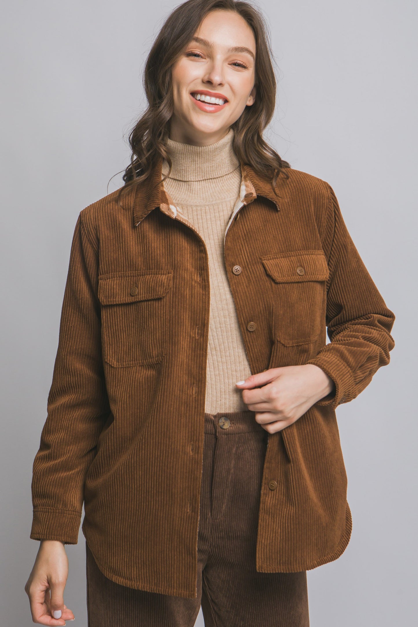 Corduroy Reversible Shacket in Brown