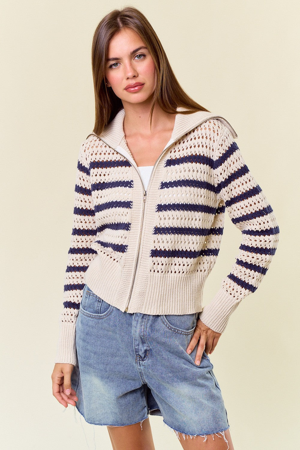 Zip-Up Striped Sweater Cardigan