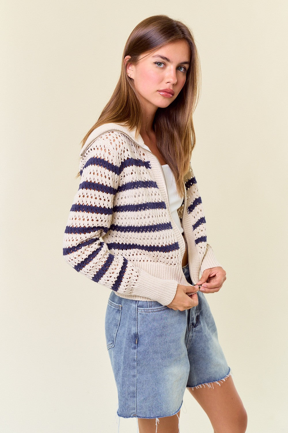 Zip-Up Striped Sweater Cardigan