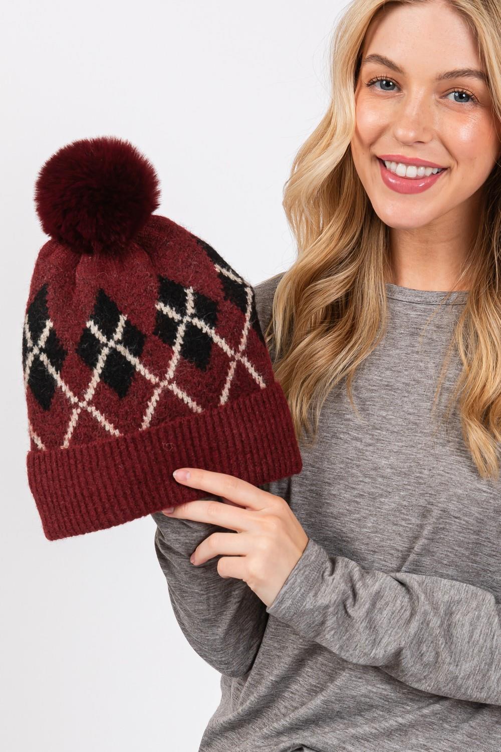 Wool Blended Argyle Fleece Pom Pom Beanie