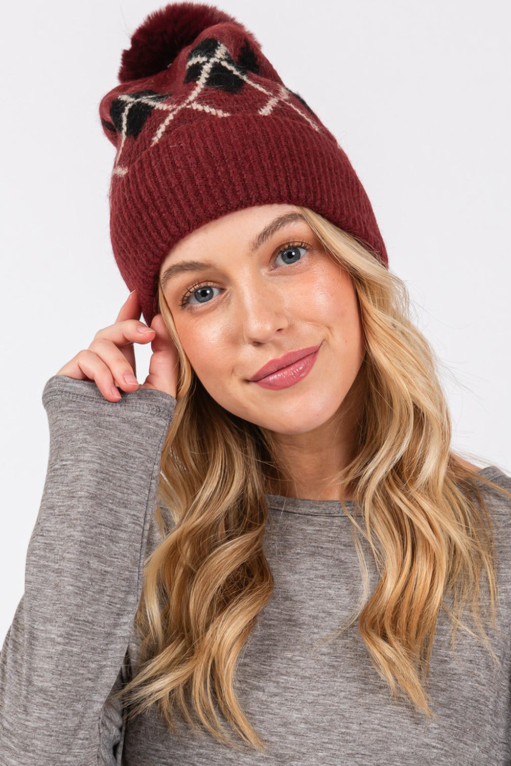 Wool Blended Argyle Fleece Pom Pom Beanie