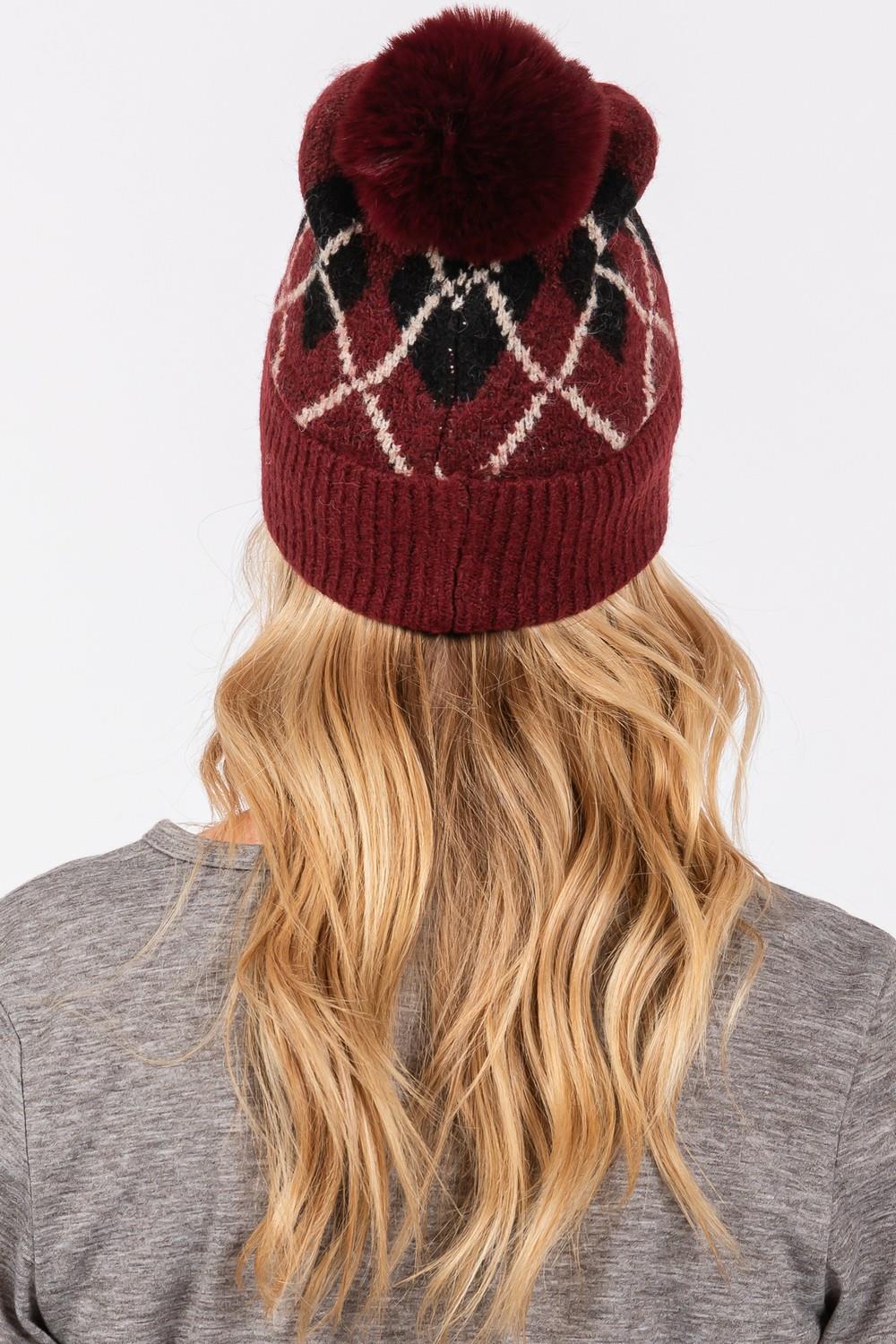 Wool Blended Argyle Fleece Pom Pom Beanie