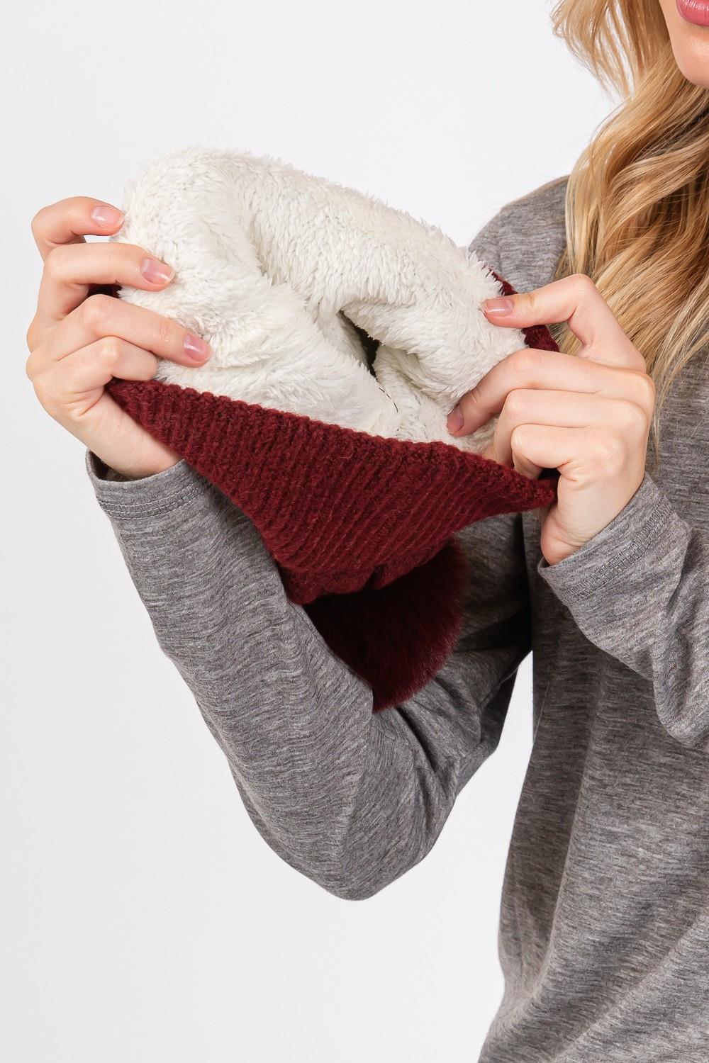 Wool Blended Argyle Fleece Pom Pom Beanie