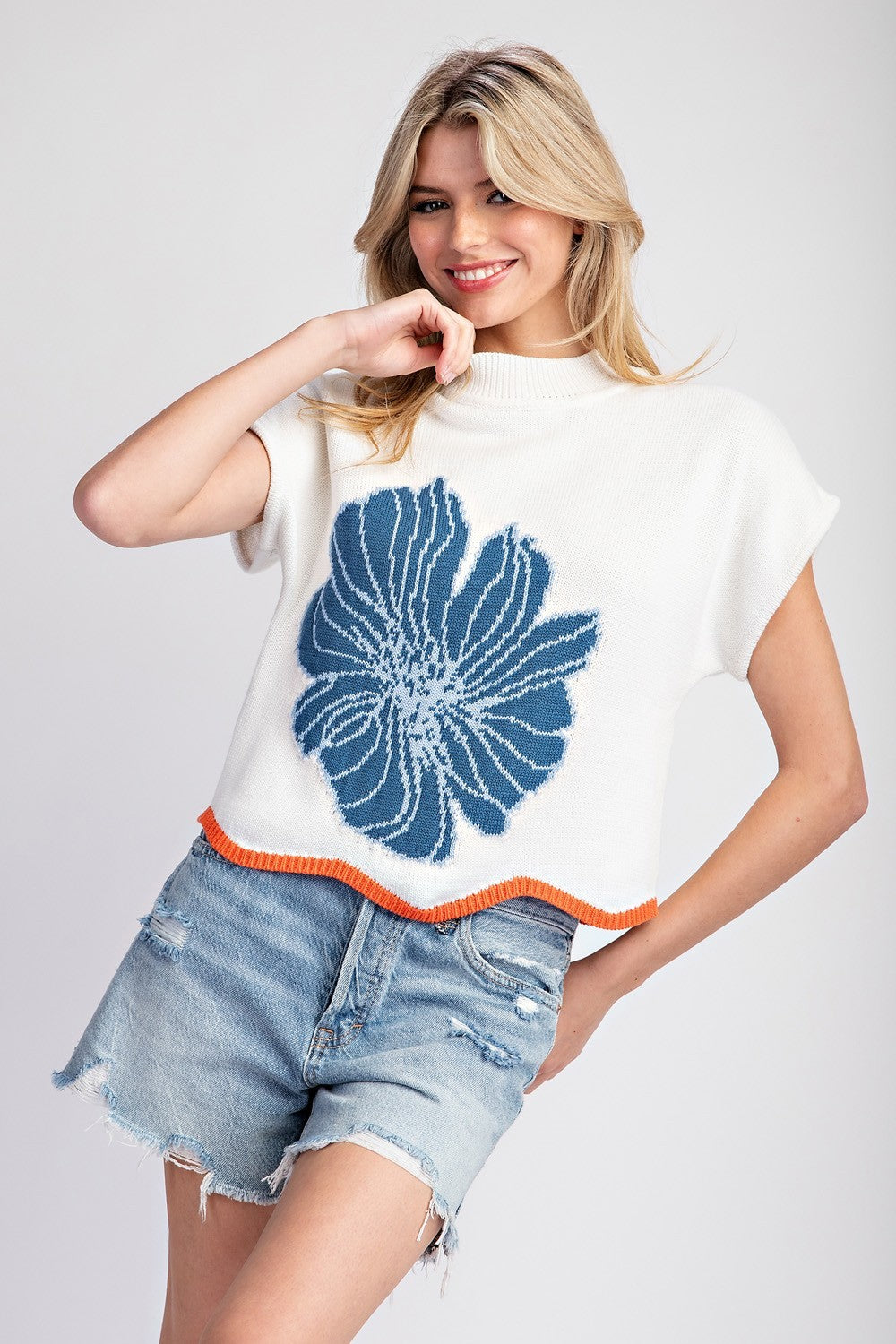 Blue Flower Short Sleeve Sweater